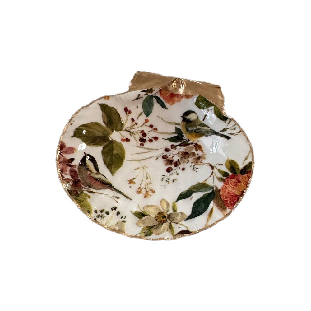 Vintage Songbird Scallop Shell Trinket Dish, Botanical Jewelry Holder - Picture 4 of 6